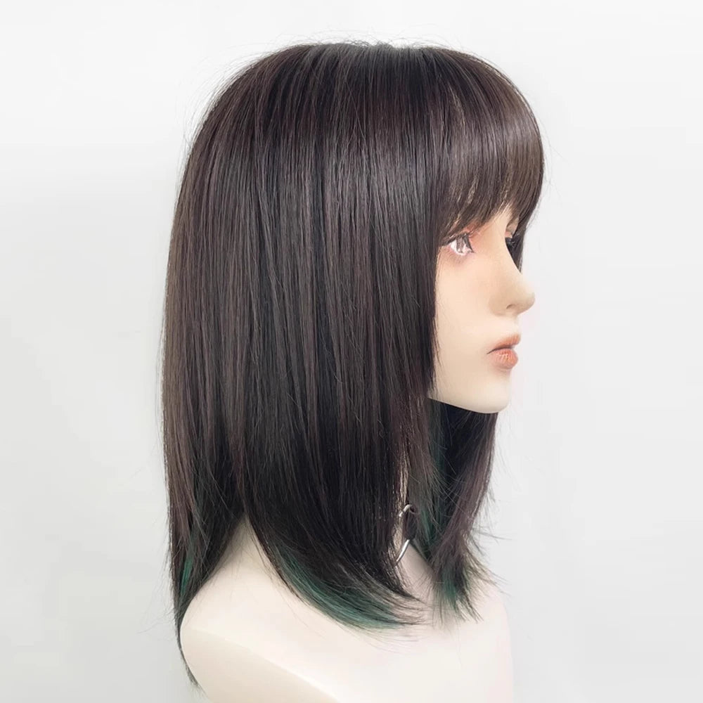 Short Mullet Head Wigs with Bangs Synthetic Straight Anime Men Black Gray Green Hair Wig for Daily Party Cosplay