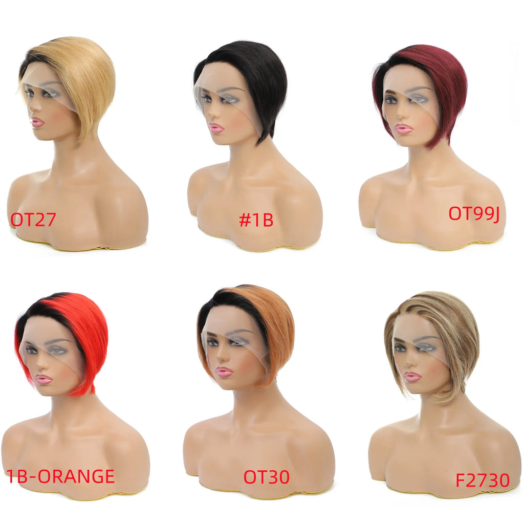 Human Hair Wigs Short Straight Bob Wig T Part Transparent Lace Wig For Women Preplucked Hairline Pixie Cut Wig Perruque Femme