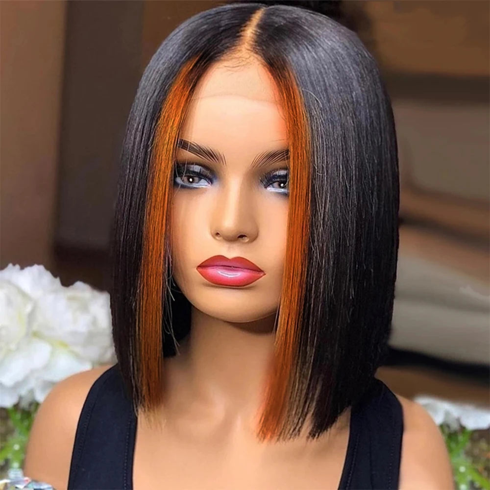 13x4 Lace Front Human Hair Wigs Straight Bob Wigs For Women Pre Plucked Brown Ombre Highlight Lace Wig Bob