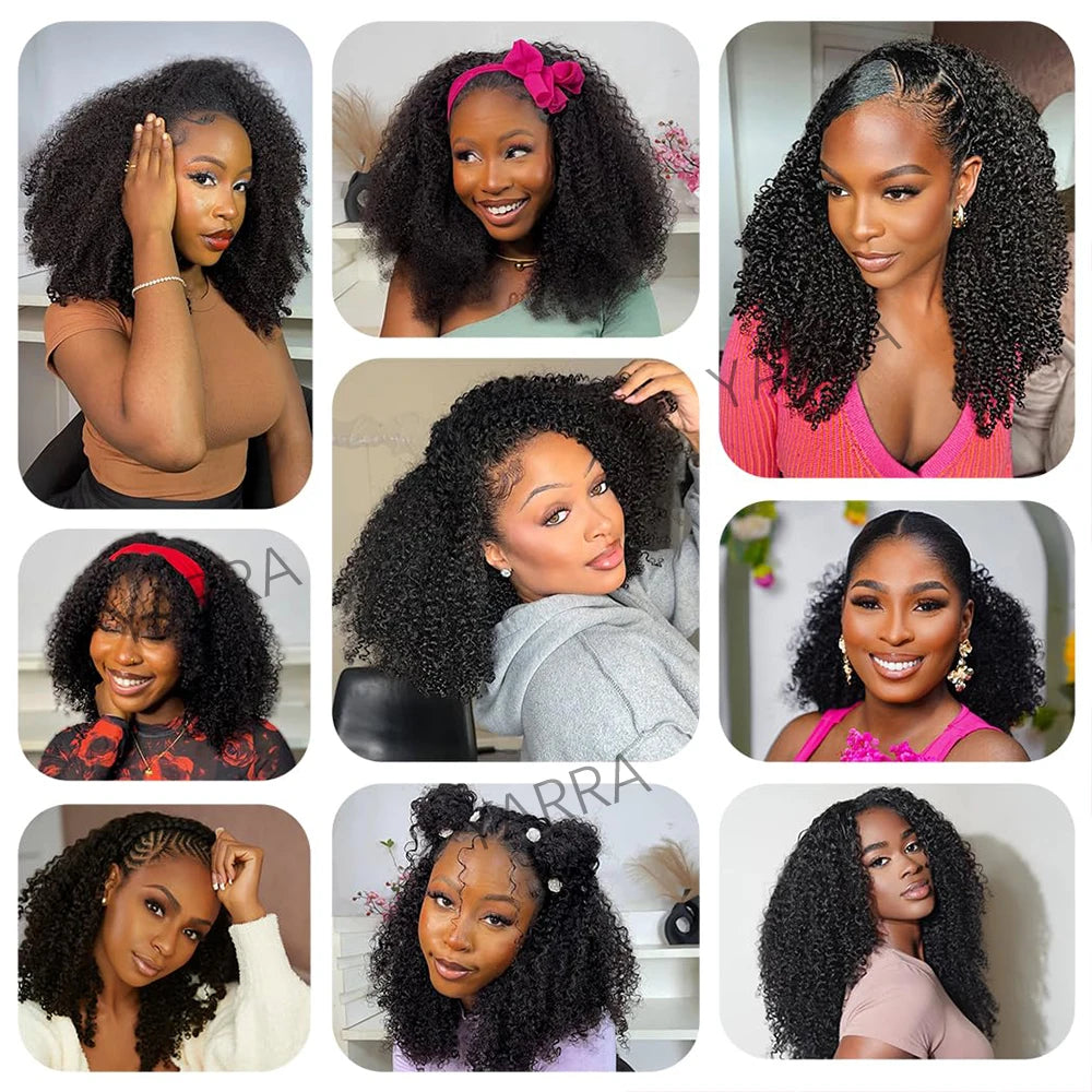 Glueless Human hair Wigs Kinky Curly Headband Wig Upgrade 3 IN 1 Half Wig With Drawstring Seamless Clip Ins Flip Over For Women