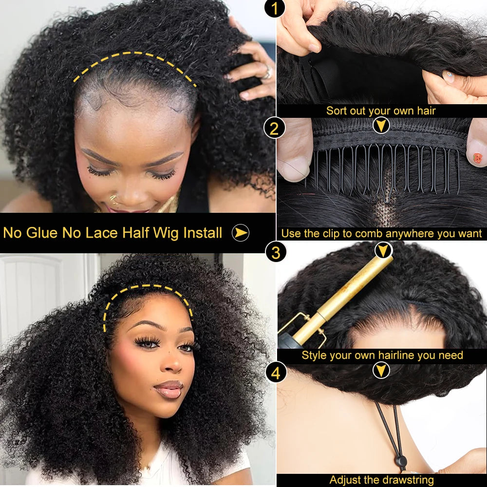 Half Wig Human Hair 200 Density Kinky Curly Half Wig 3 In 1 Seamless Flip Over Glueless Wigs Human Hair Curly Wig Headband Wig