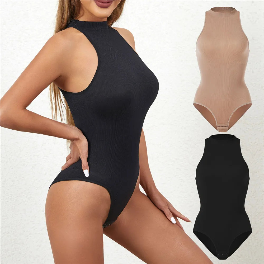Women Round Neck Shaperwear Bodysuits Sleeveless Adjustable Buckle Tight Fitting Jumpsuit T-shaped Shapewear Corset
