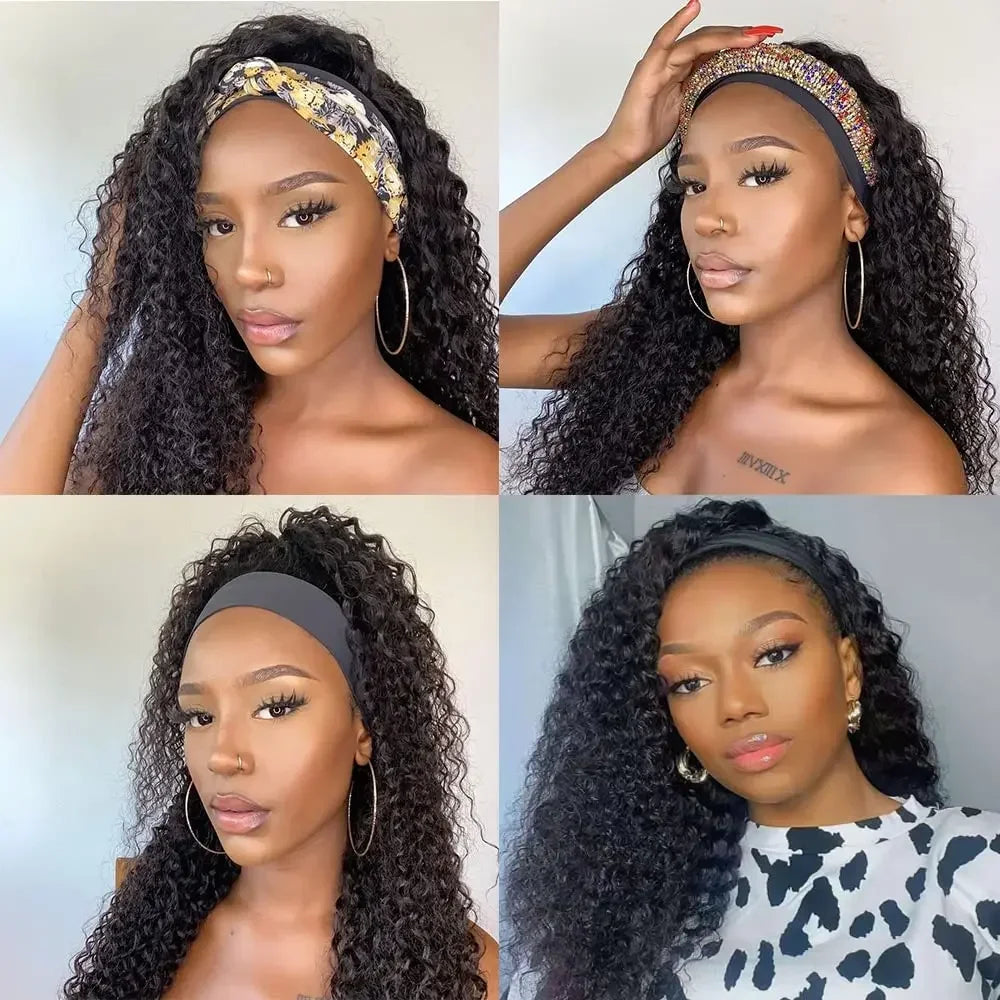 Curly Human Hair Wigs Water Wave Headband Wig No Glue No Lace 180 Density Brazilian Curly Wigs For Women Ready To Wear And Go