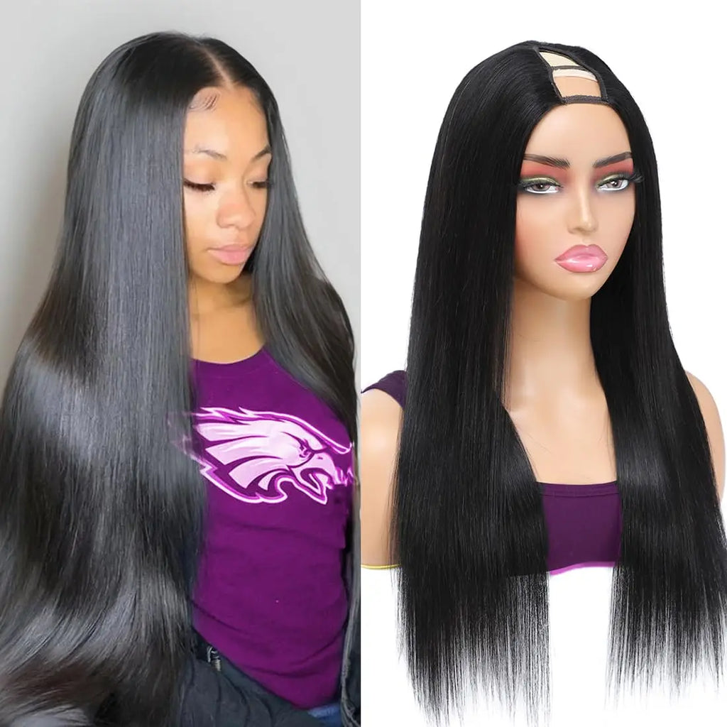 V Part Wigs Human Hair 100% Straight Human Hair Wigs No Leave Out Machine Made 250 Density Natural Black Beginner Friendly
