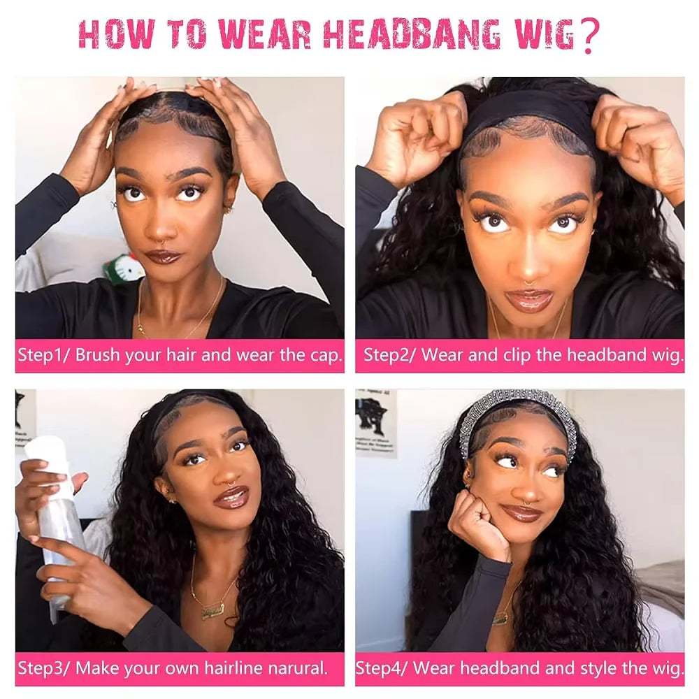 Curly Human Hair Wigs Water Wave Headband Wig No Glue No Lace 180 Density Brazilian Curly Wigs For Women Ready To Wear And Go