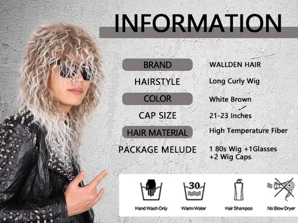 80s Rocker Synthetic Wigs for Men Mullet Wig Long Curly Hair Wig Kiss Wig Perfect for Halloween Cosplay DIY Themed Costume Party
