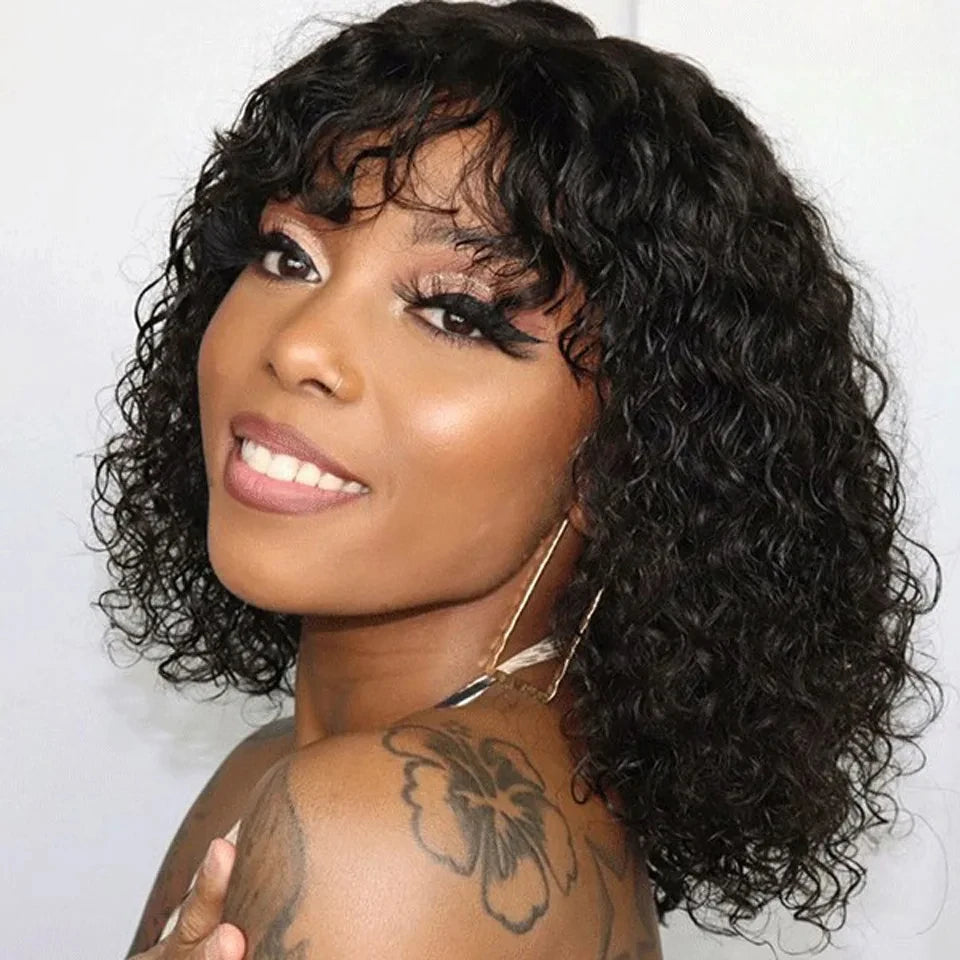 Water Wave Human Hair Wig With Bangs Indian Curly Hair Wigs Full Machine Made Human Hair Wig For Women