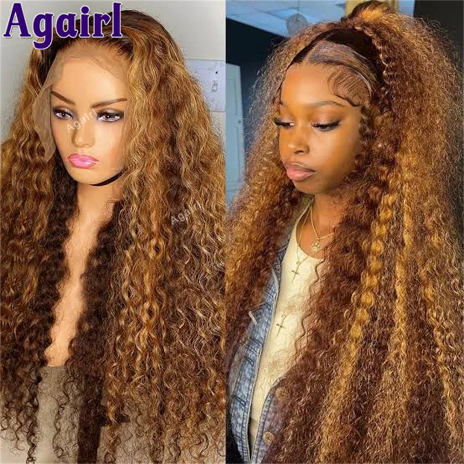 200% Ready Go Curly Human Hair Wigs Honey Blonde Brown 13X6 Water Wave Lace Frontal Wig Ombre Blonde Black 6X4 Lace Closure Wigs