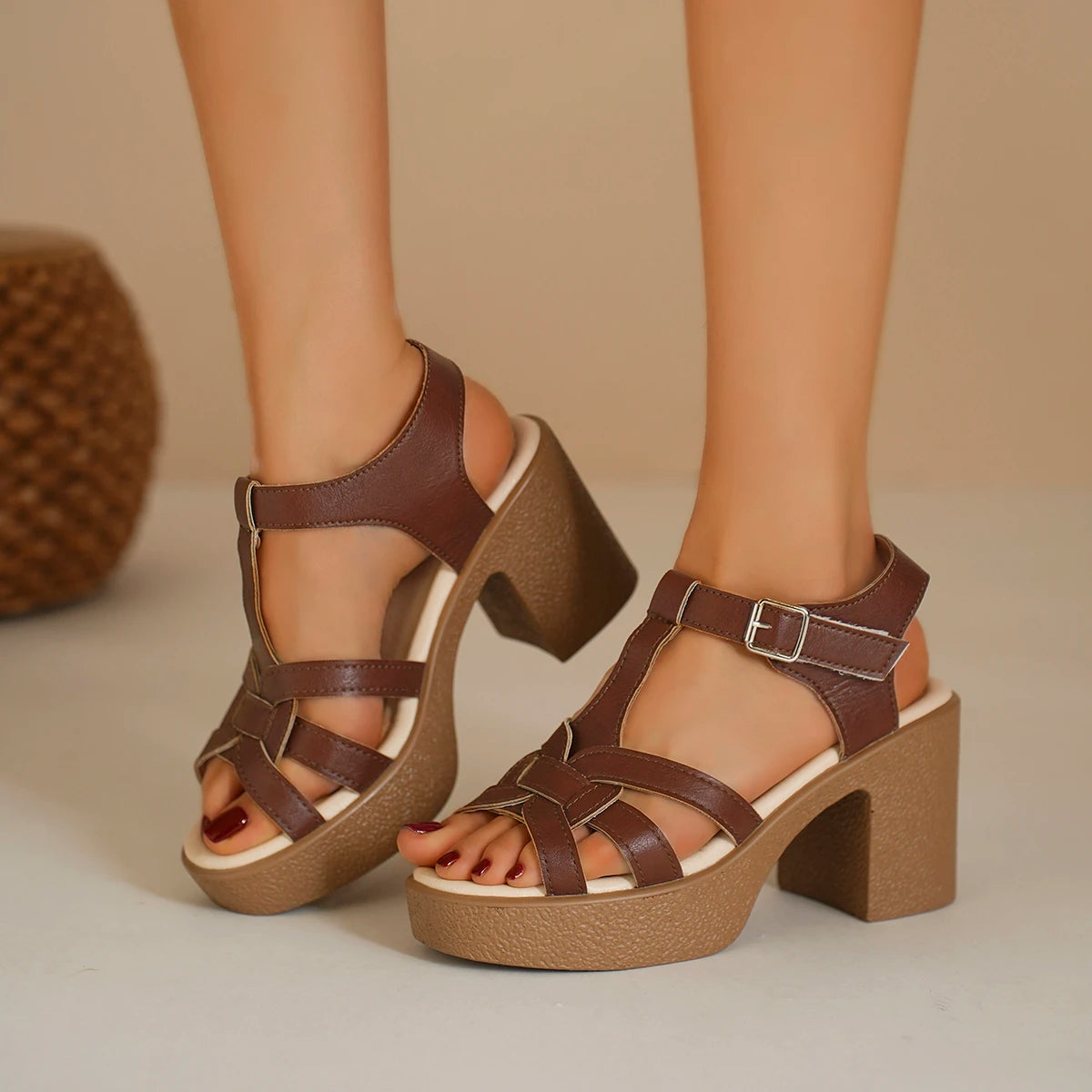 Brand Designer High Heels Sandals for Women 2025 Summer Ankle Straps Chunky Platform Sandals Woman Thick Heeled Ladies Pumps