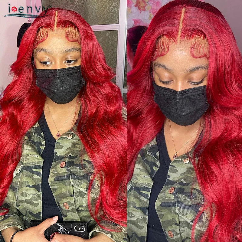 Burgundy Human Hair Wigs Pre Plucked Body Wave 13X4 Hd Lace Frontal Wig For Women Cherry Red Colored Curly Wig On Sale 30 34Inch