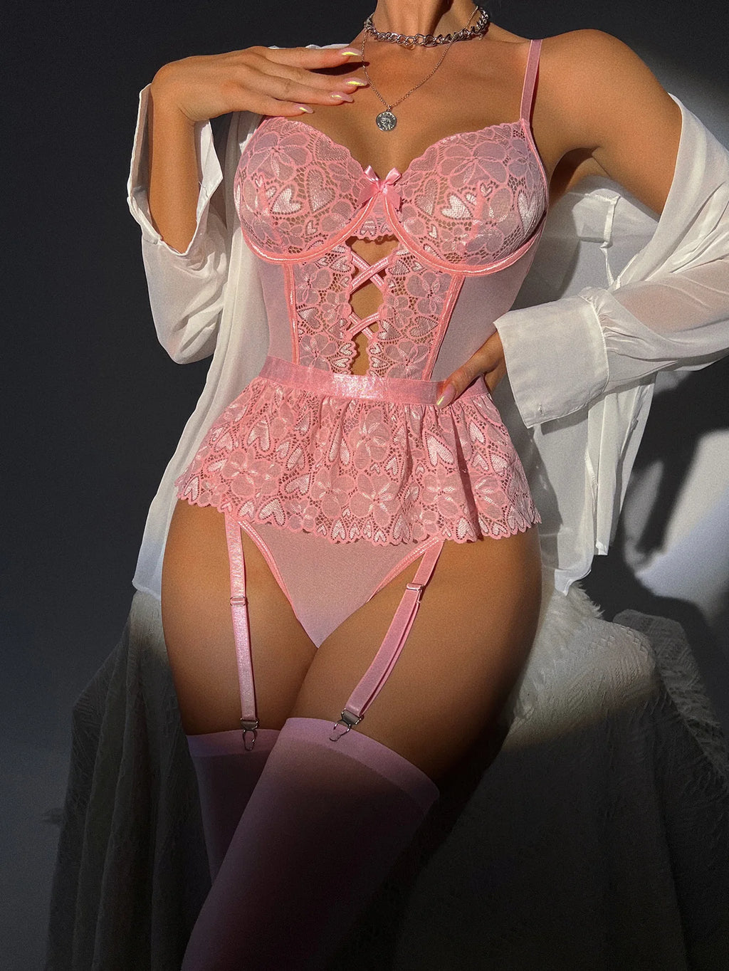 European Style Shapewear Bodysuit - Sheer Lace Backless Teddy with Heart Details (Sexy Lingerie)