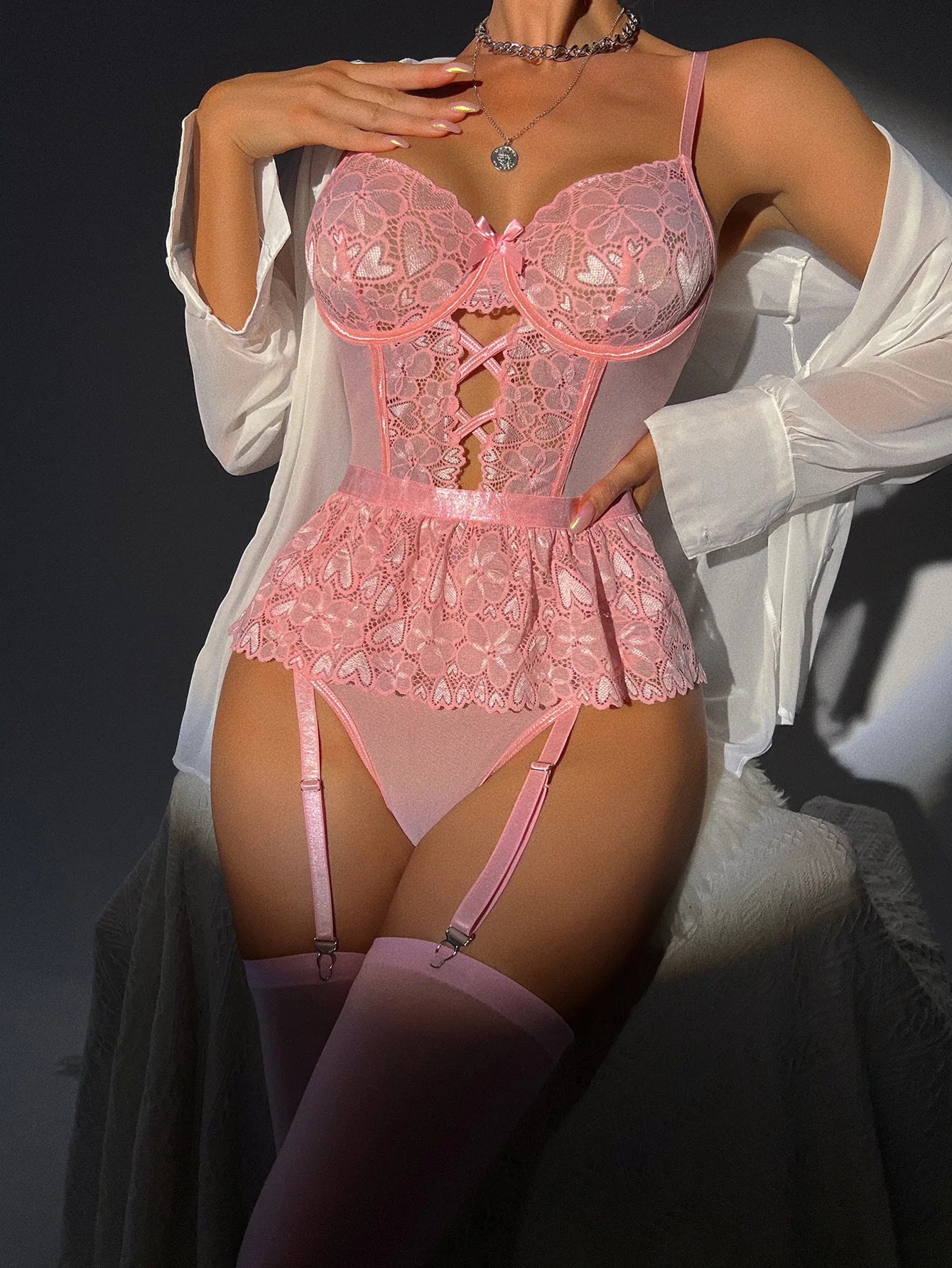 European Style Shapewear Bodysuit - Sheer Lace Backless Teddy with Heart Details (Sexy Lingerie)