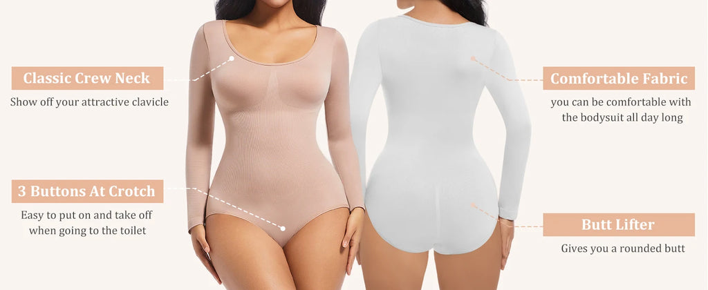 Bodysuits Shapewear for Women Thong Shaper Corsets Long Sleeve Seamless Waist Trainer Crew Neck BodySuit