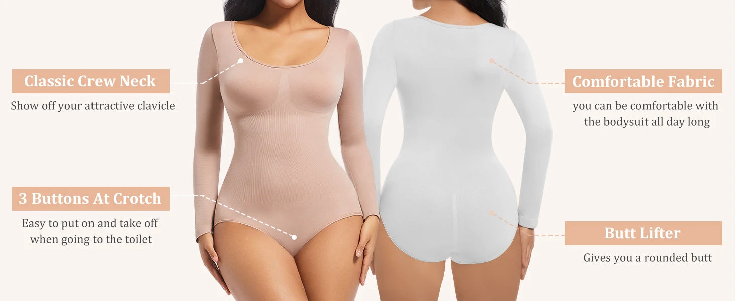 Bodysuits Shapewear for Women Thong Shaper Corsets Long Sleeve Seamless Waist Trainer Crew Neck BodySuit