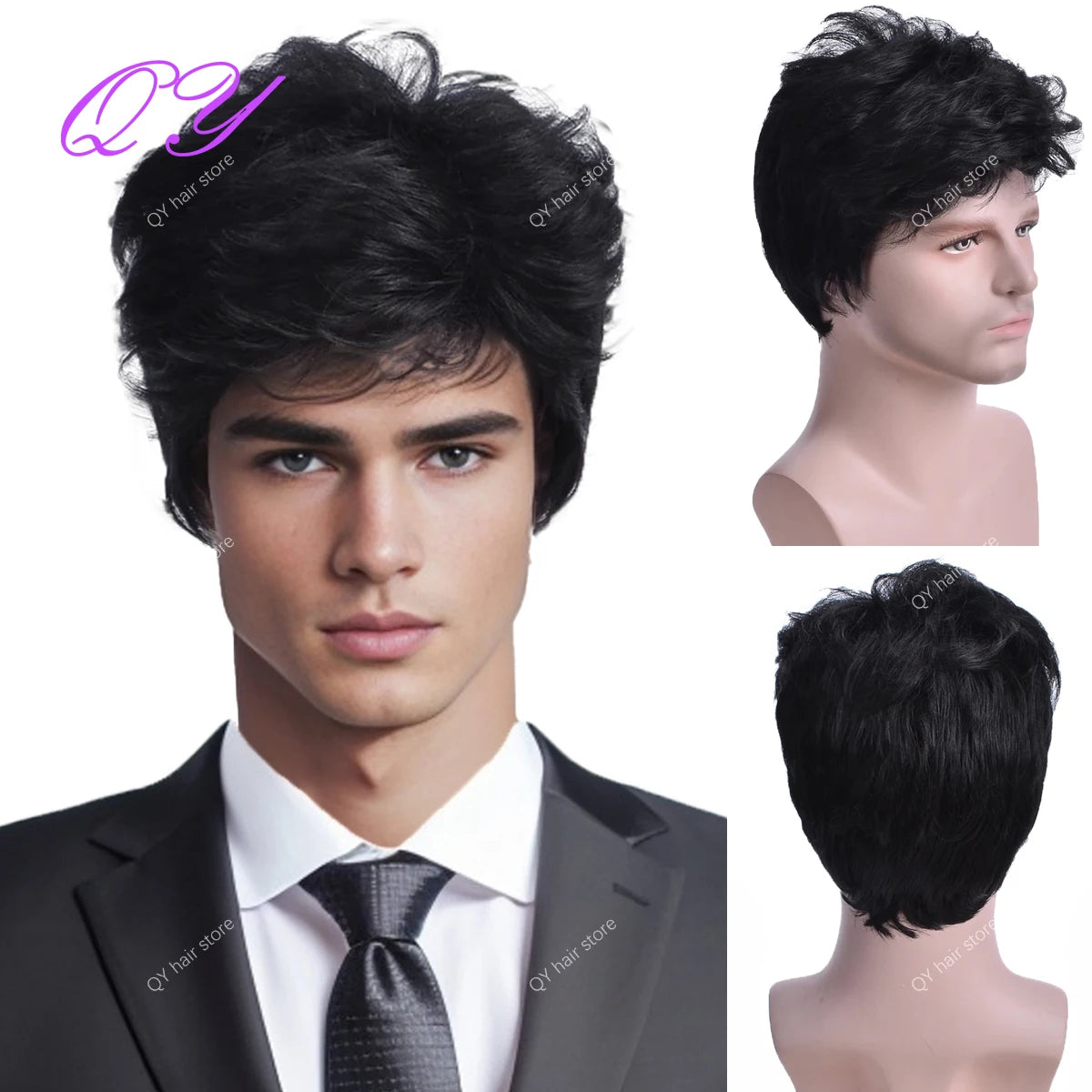 Men's synthetic wig brown (# 4) short curly hair men's wig fashion style adjustable size breathable wig men's 2023