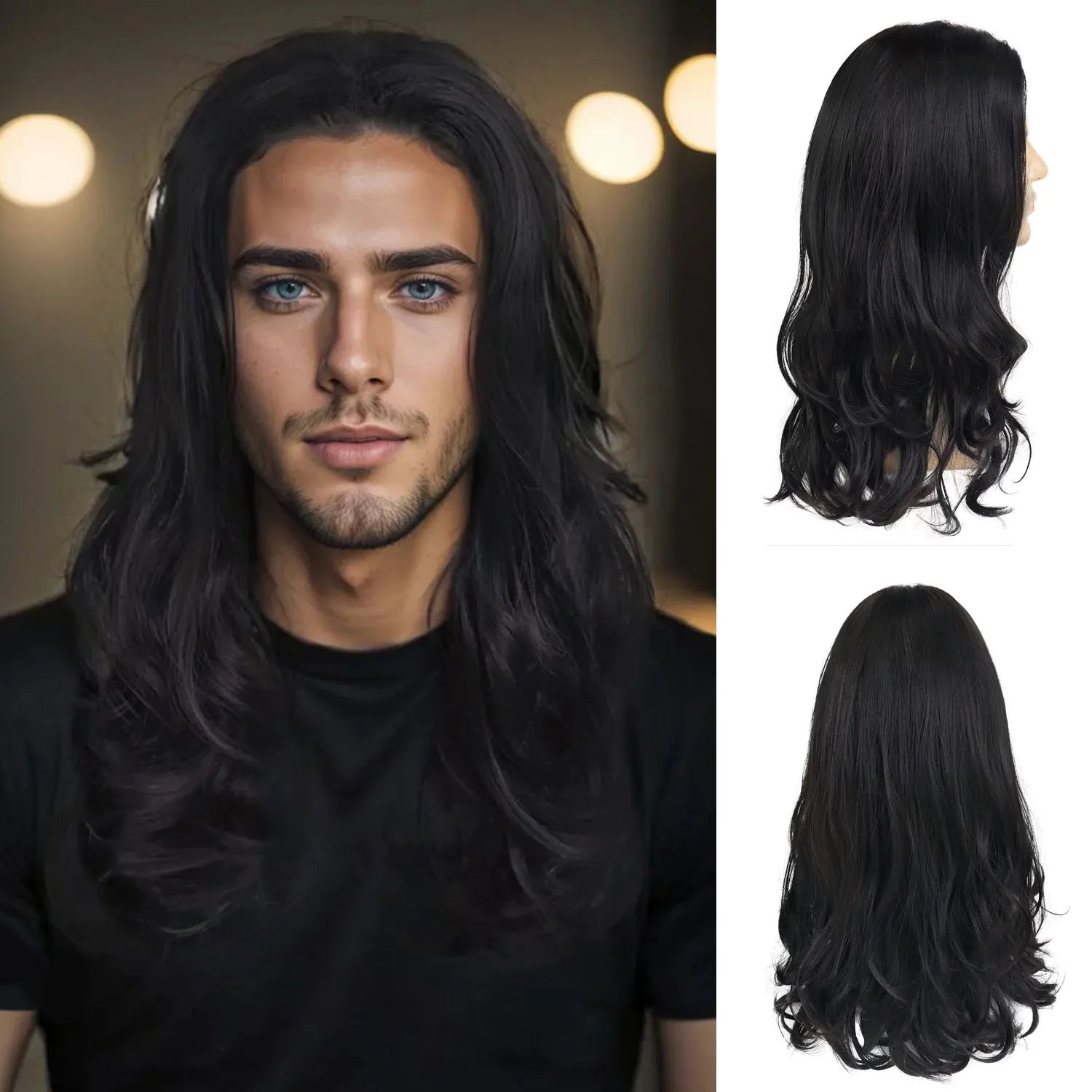 GNIMEGIL Synthetic Middle Part Natural Black Wigs for Men Long Curly Hair Wig with Cap Male Daily Party Costume Cosplay Wear