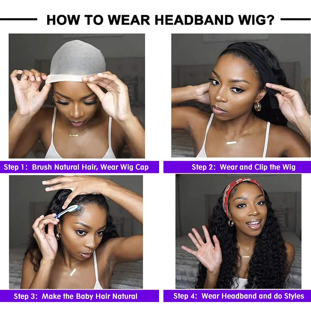 Headband Wigs-Water Wave Headband Wigs Human Hair For Women, 16-24 Inches Remy Hair Full Machine Made Black Curly Hair Band Wigs