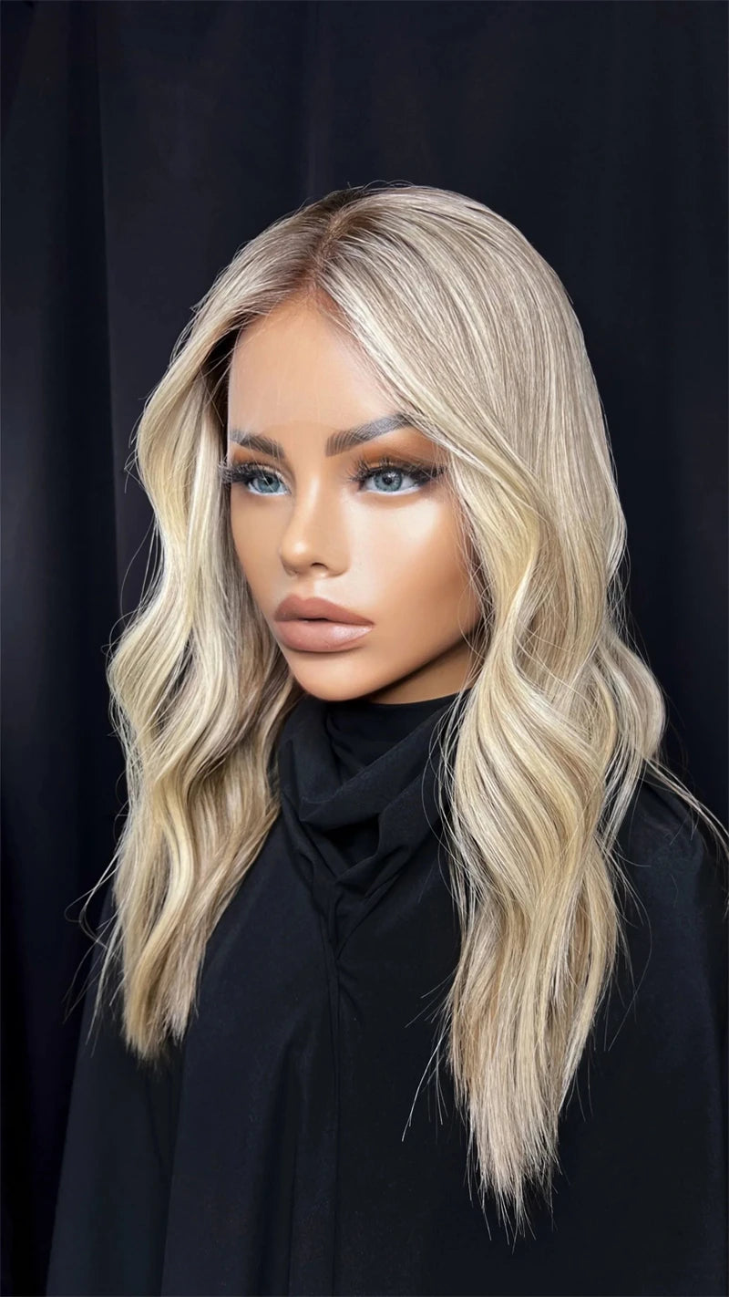 Natural Wave Lace Front Wig Golden Blonde Highlights Synthetic mixed Human Hair Wig Cheap Wigs on clearance Glueless WEar and Go