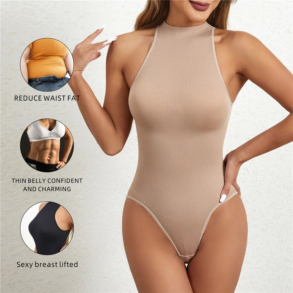 Women Round Neck Shaperwear Bodysuits Sleeveless Adjustable Buckle Tight Fitting Jumpsuit T-shaped Shapewear Corset