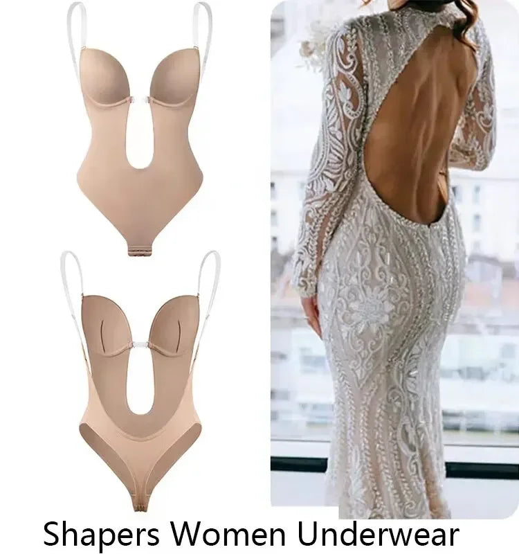 Women Shapers Underwear Backless Bodysuit Shapewear Deep V-Neck Body U Plunge Clear Strap Padded Push Up Corset