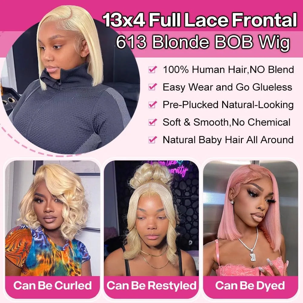 613 Blonde Bob Wig Human Hair 200% Density Straight Bob Wig Human Hair 13x4 HD Lace Frontal Wigs 100% Real Brazilian Human Hair
