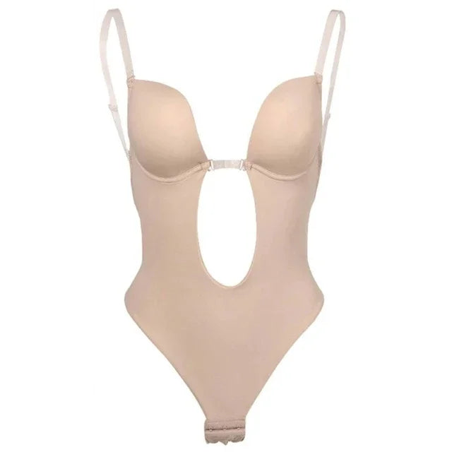 Invisible Shaper Bra Bodysuit Corset Backless Deep V-Neck U Plunge Thong Waist Trainer Clear Strap Padded Push Up Shapewear