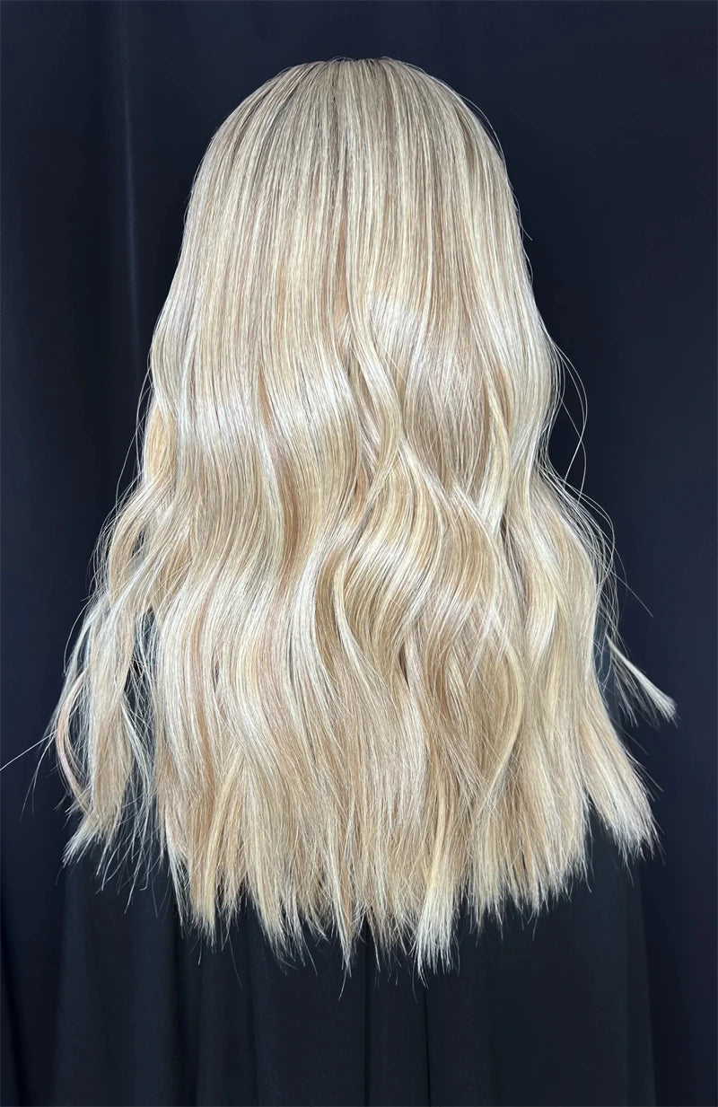 Natural Wave Lace Front Wig Golden Blonde Highlights Synthetic mixed Human Hair Wig Cheap Wigs on clearance Glueless WEar and Go