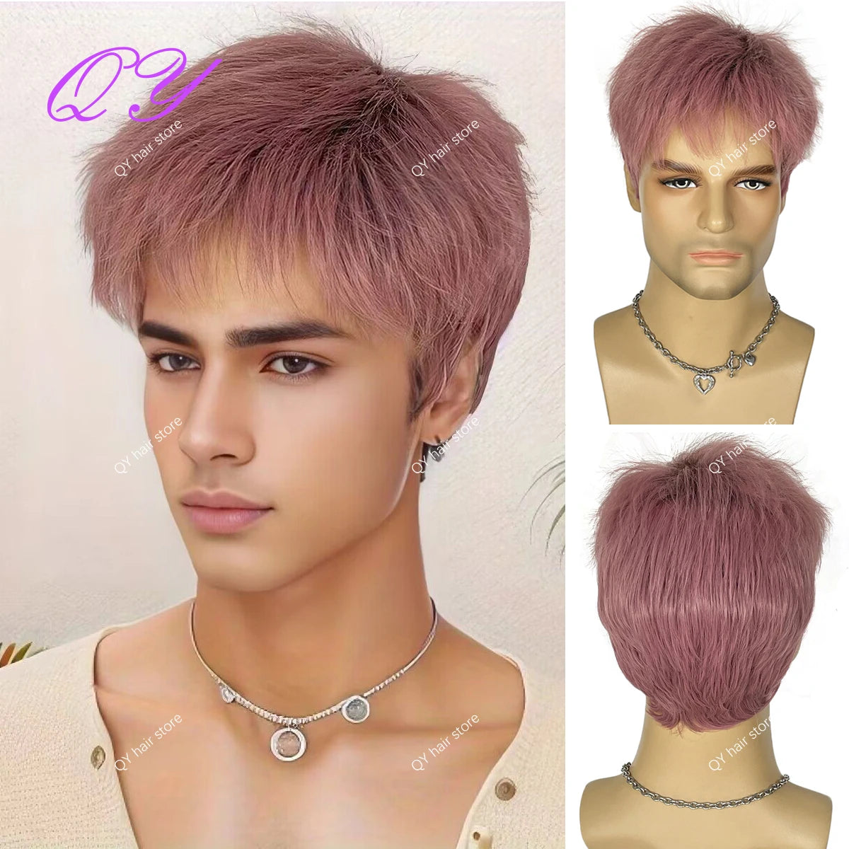Men's synthetic wig brown (# 4) short curly hair men's wig fashion style adjustable size breathable wig men's 2023