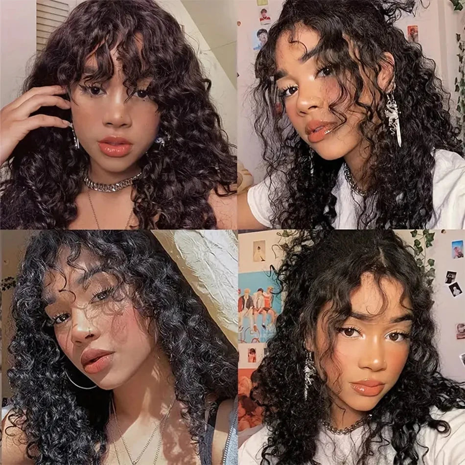 Curly Wig With Bangs Kinky Curly Human Hair Wig With Bangs Full Machine Made Frontal Wig 12A Water Wave Virgin Human Hair Wigs