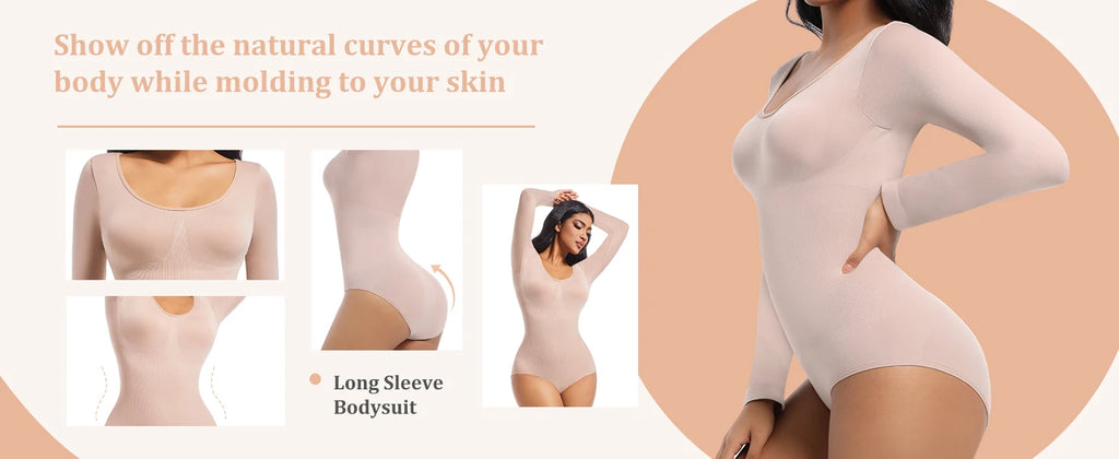 Bodysuits Shapewear for Women Thong Shaper Corsets Long Sleeve Seamless Waist Trainer Crew Neck BodySuit