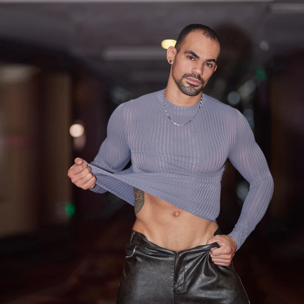 Sex Men Oil Glossy Shiny Breathable T-shrits Stripe Allure Shaper Top Bottom Wear Sheer See Through Elastic Shapewear