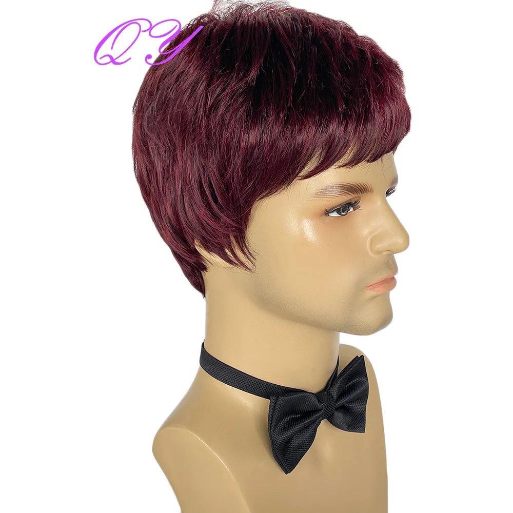 Men's synthetic wig brown (# 4) short curly hair men's wig fashion style adjustable size breathable wig men's 2023