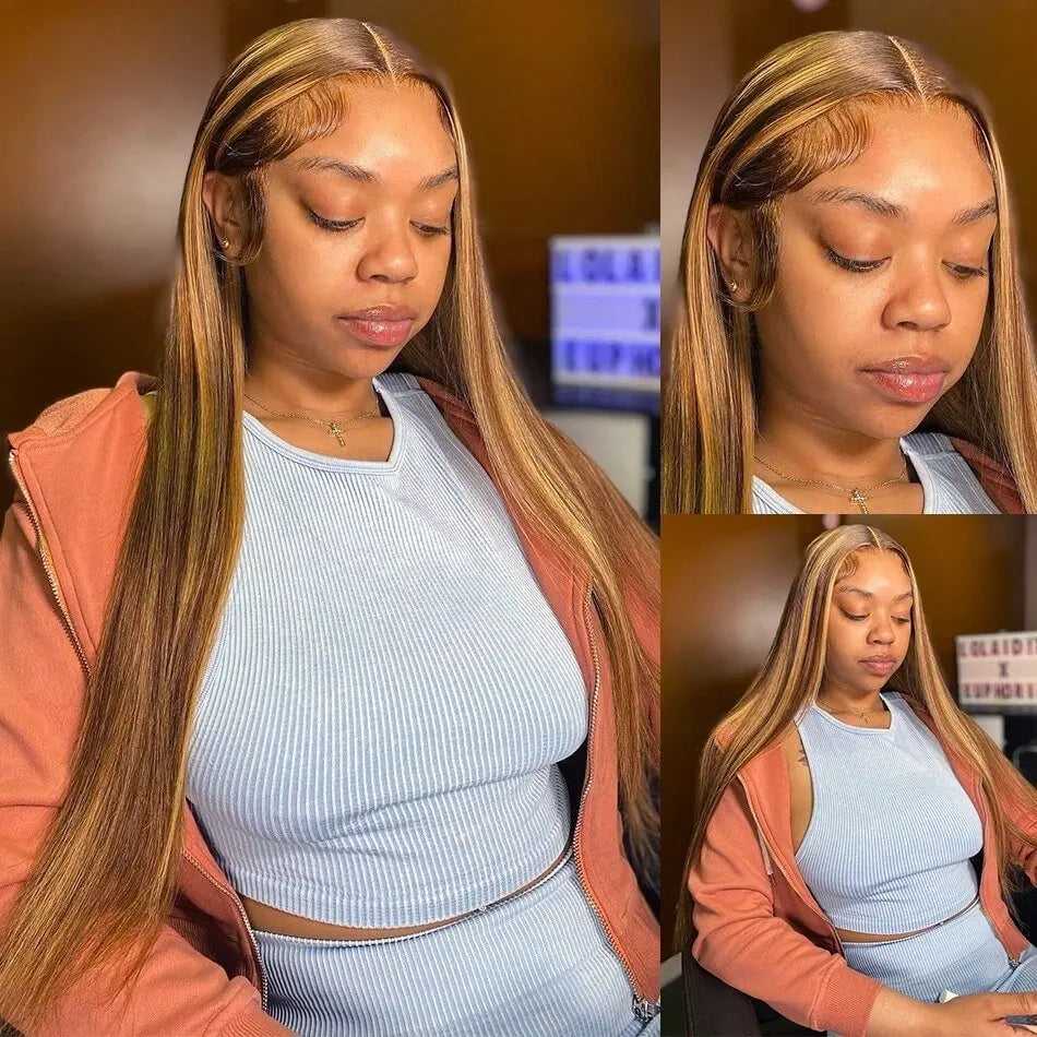 Highlight Wig 13x6 Human Hair Honey Blonde Brown Colored HD Lace Front Wigs For Women Pre Plucked Bone Straight Lace Frontal Wig