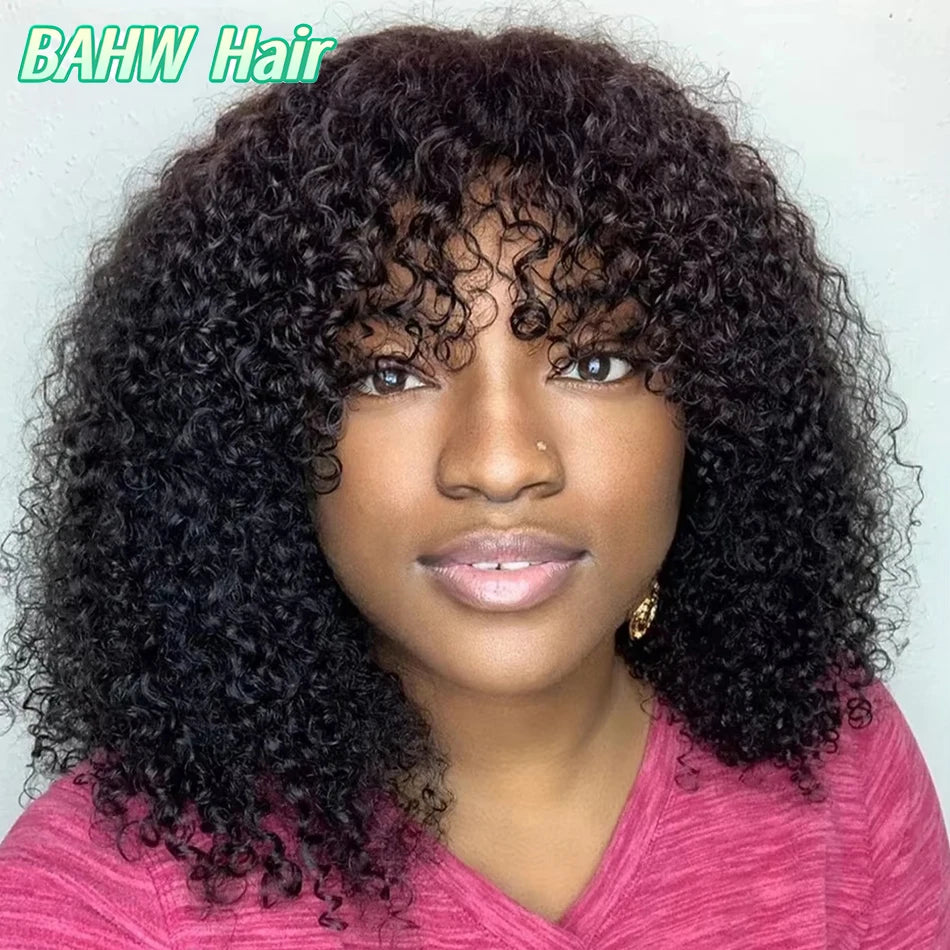 Brazilian Kinky Curly Wig Human Hair Wigs With Bangs Full Machine Made Wigs Cheap Remy Human Hair Culry Glueless Wig For Women