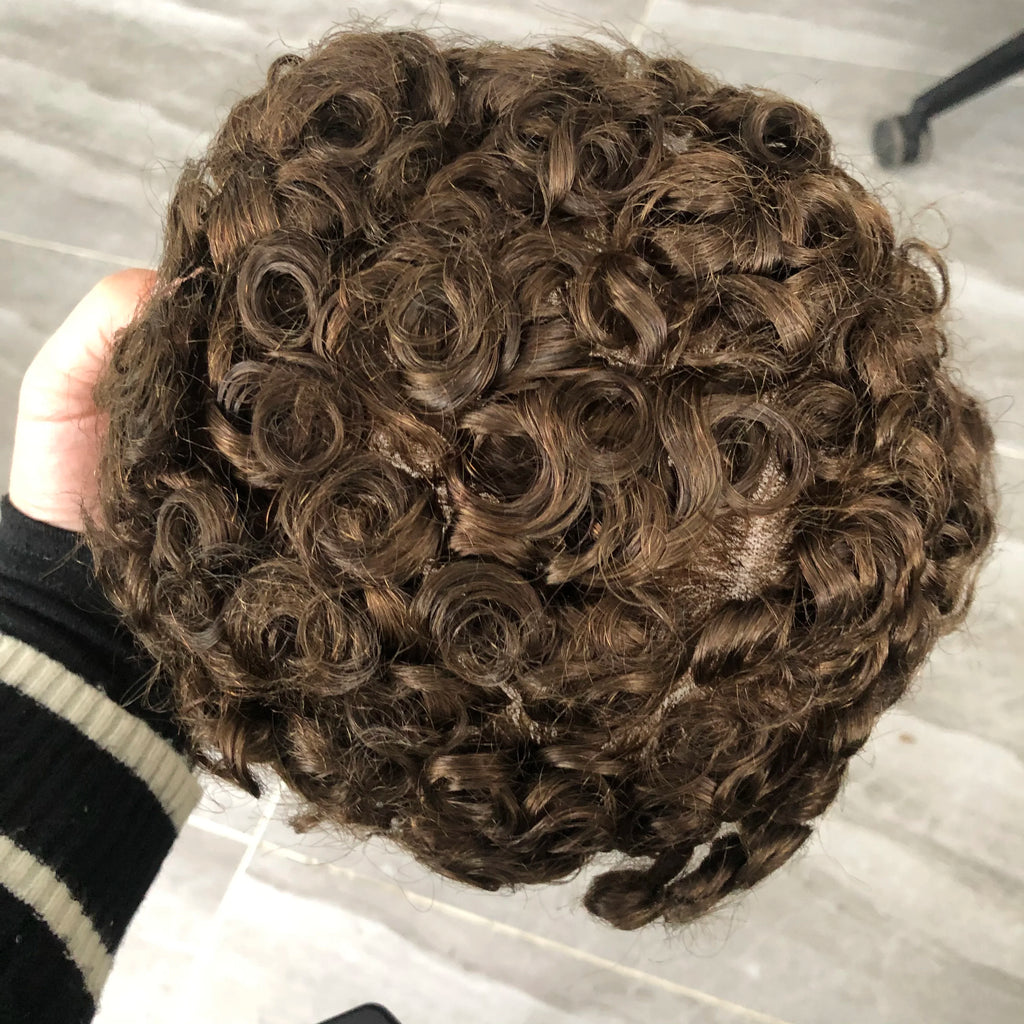 Men's Wigs Human Hair Super Durable Mono 20MM Curly Toupee Men Capillary Prosthesis Hair Unit Replacement System Pieces For Male