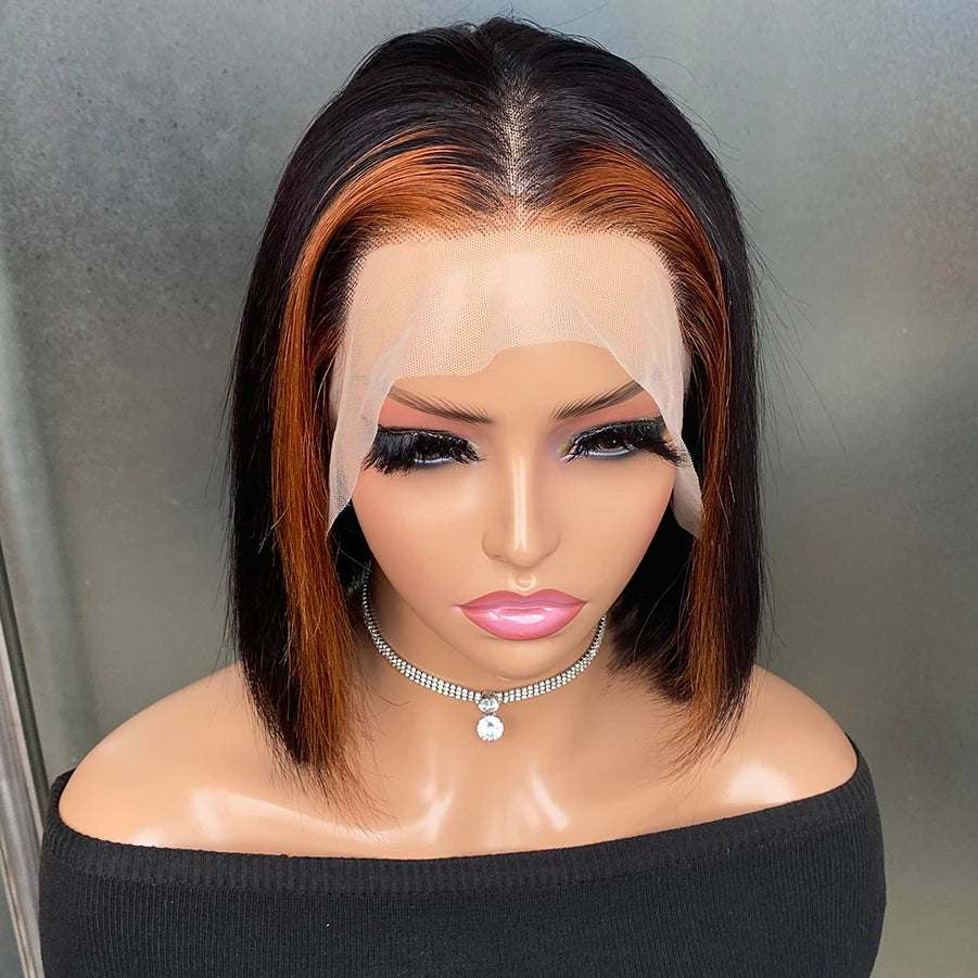 13x4 Lace Front Human Hair Wigs Straight Bob Wigs For Women Pre Plucked Brown Ombre Highlight Lace Wig Bob