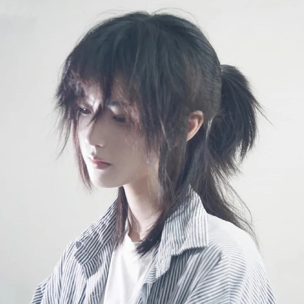 Short Mullet Head Wigs with Bangs Synthetic Straight Anime Men Black Gray Green Hair Wig for Daily Party Cosplay
