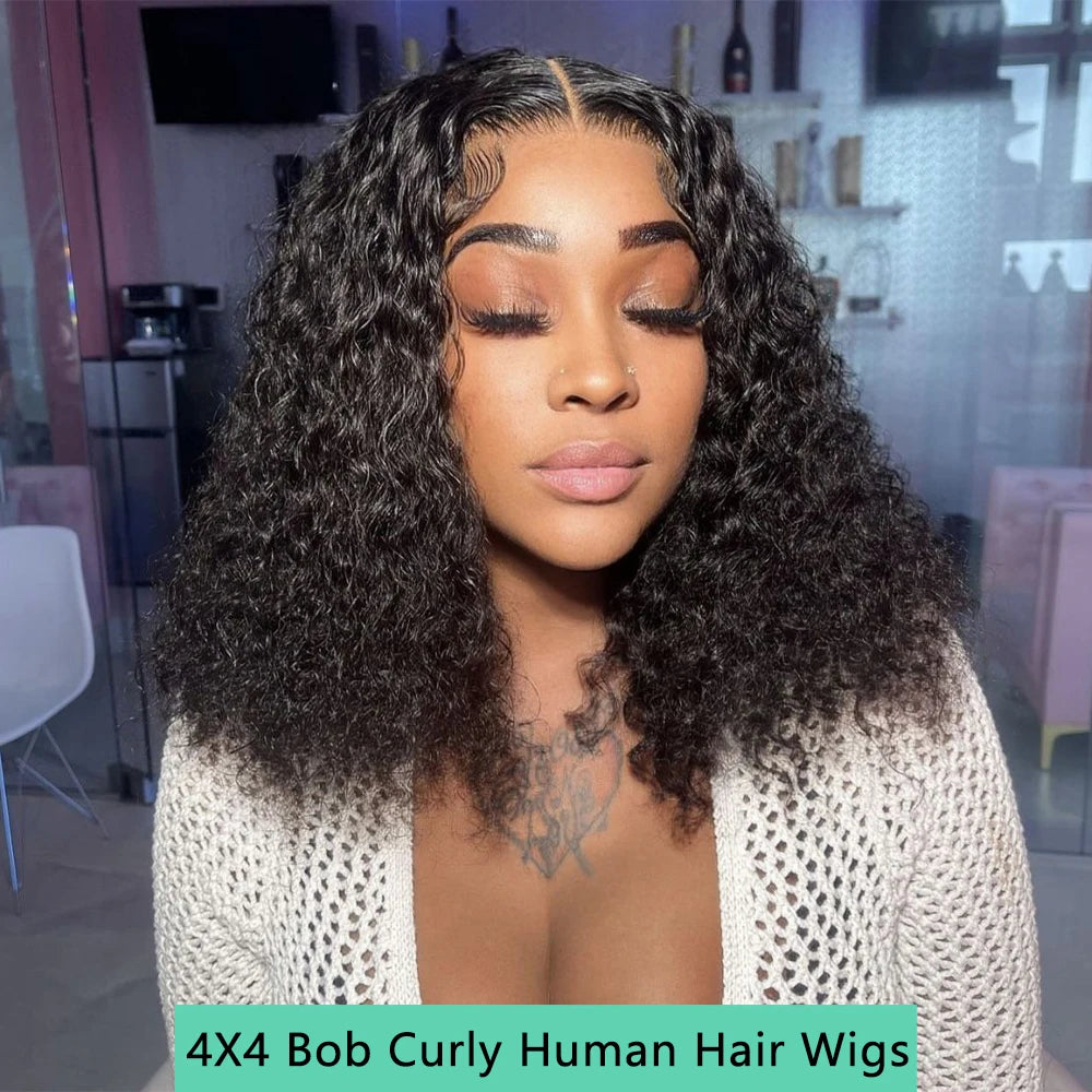 4x4 Glueless Wig Human Hair Ready To Wear 16 Inch Bob Wig Human Hair  Brazilian Glueless Wigs Human Hair Water Wave Glueless Wig