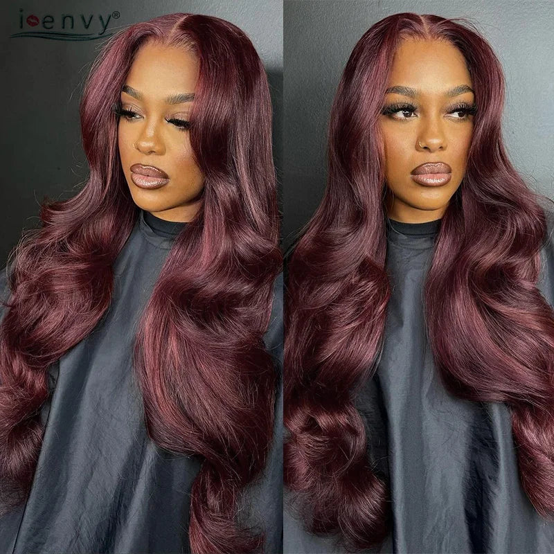 Burgundy Human Hair Wigs Pre Plucked Body Wave 13X4 Hd Lace Frontal Wig For Women Cherry Red Colored Curly Wig On Sale 30 34Inch