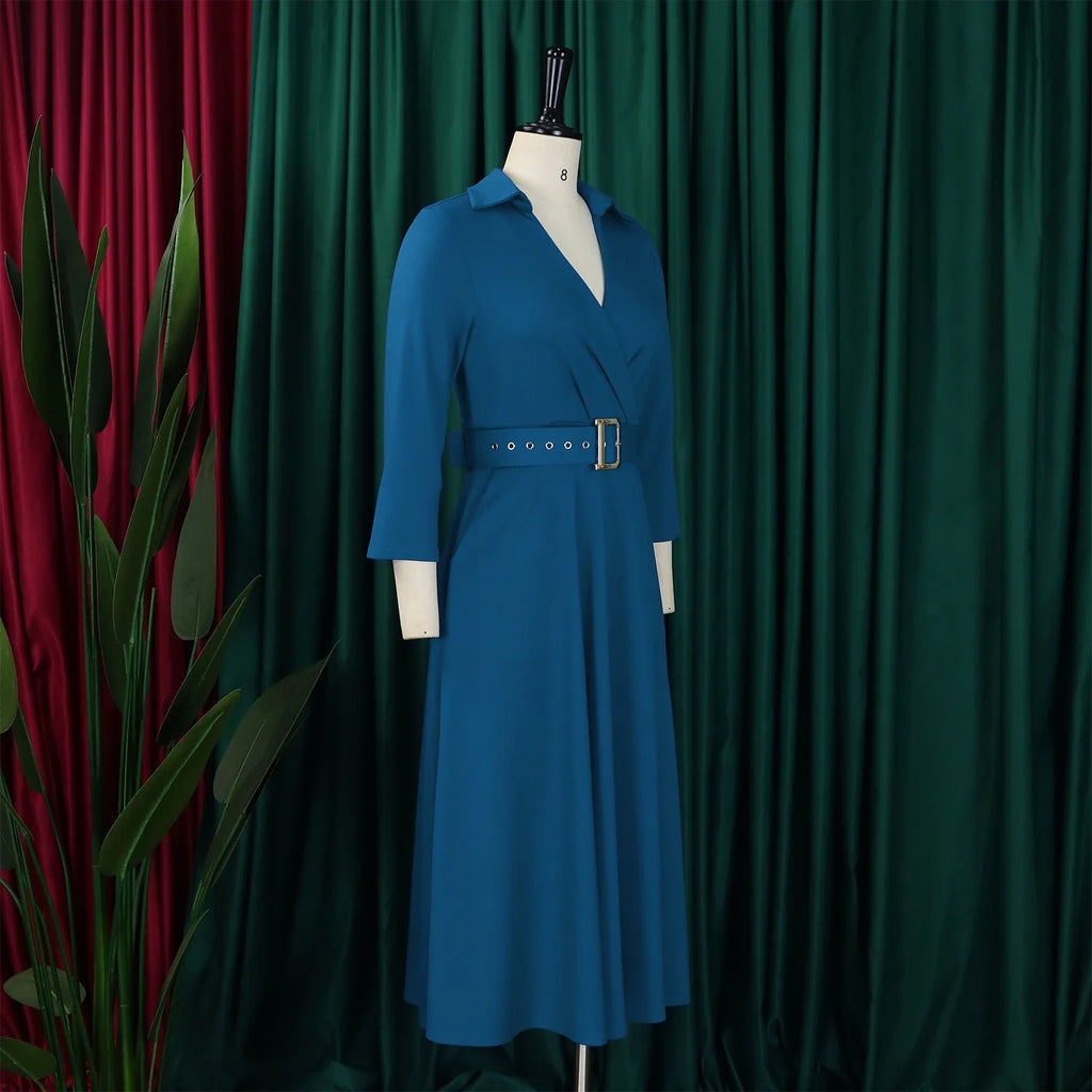 Fashion Office Dresses for Women Turn Down Collar V Neck Belt Waisted Pleated Mid Calf Elegant African Business Work Dress Cloth