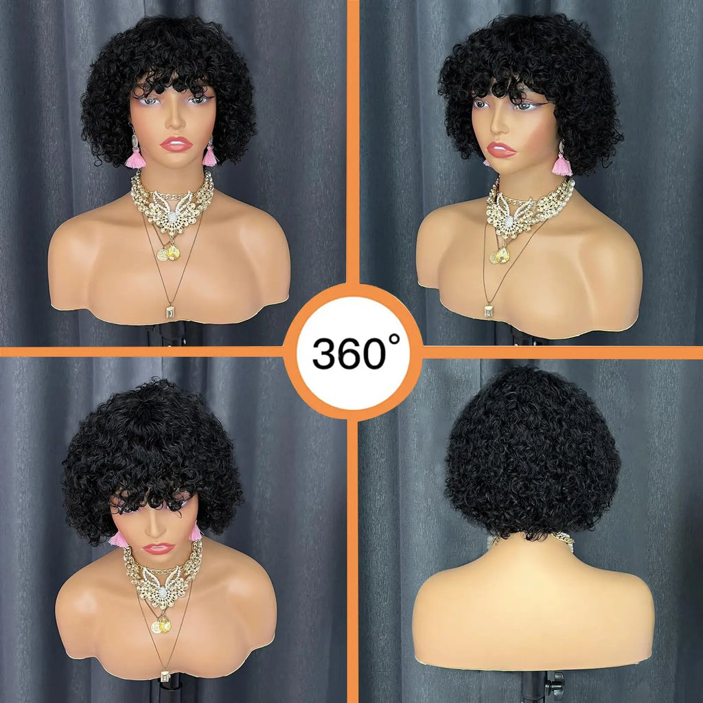 Water Wave Human Hair Wig With Bangs Indian Curly Hair Wigs Full Machine Made Human Hair Wig For Women