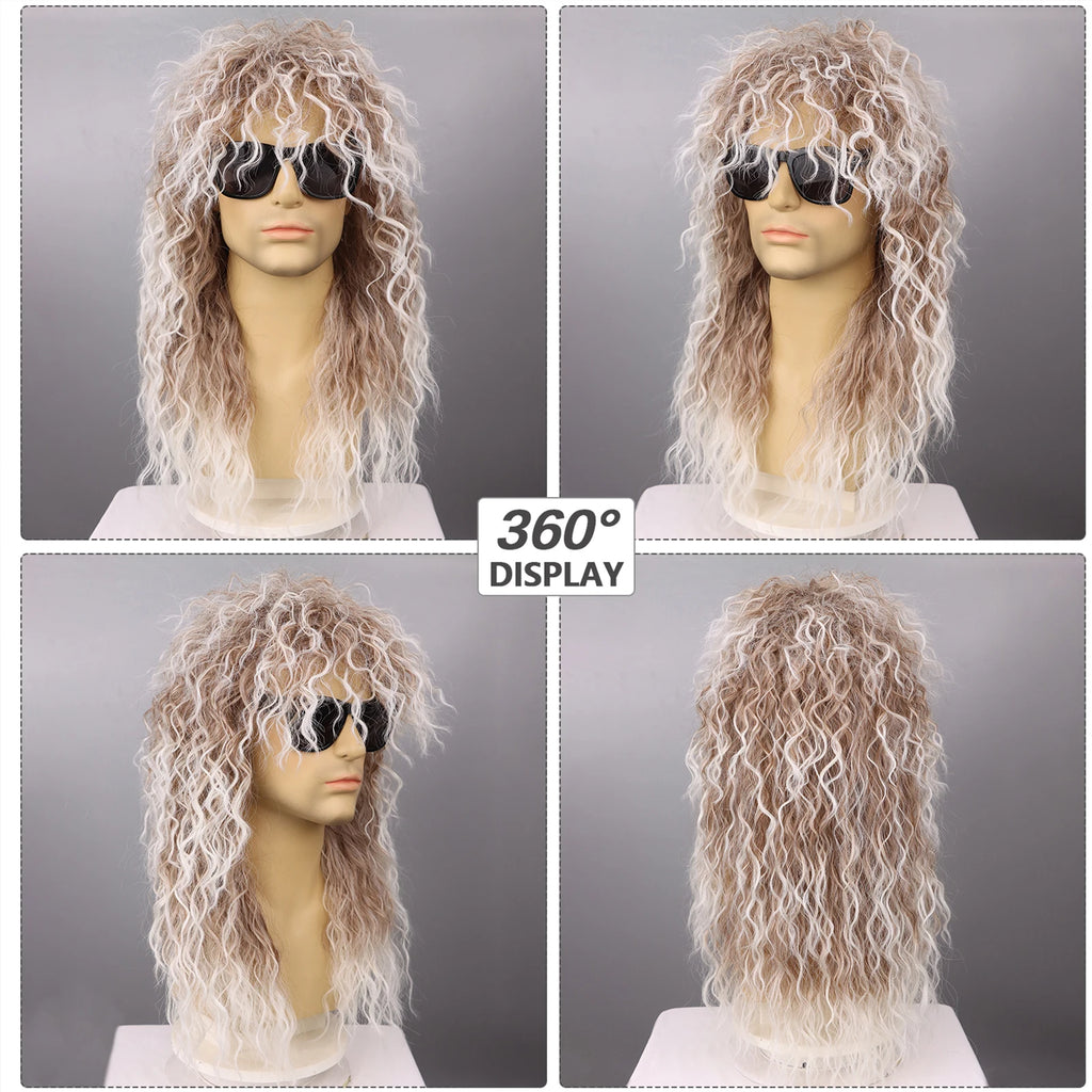 80s Rocker Synthetic Wigs for Men Mullet Wig Long Curly Hair Wig Kiss Wig Perfect for Halloween Cosplay DIY Themed Costume Party