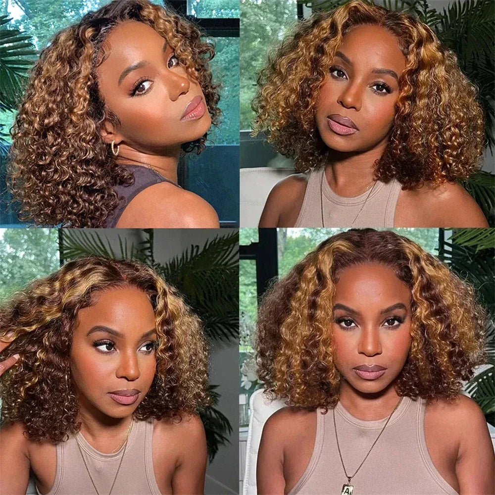 4/27 Highlight Curly Wigs 13x4 HD Transparent Lace Frontal Human Hair Wig Short Brazilian Brown Blonde Color Water Wave Bob Wigs