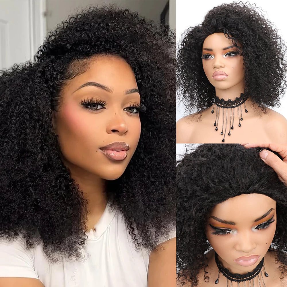 Half Wig Human Hair 200 Density Kinky Curly Half Wig 3 In 1 Seamless Flip Over Glueless Wigs Human Hair Curly Wig Headband Wig
