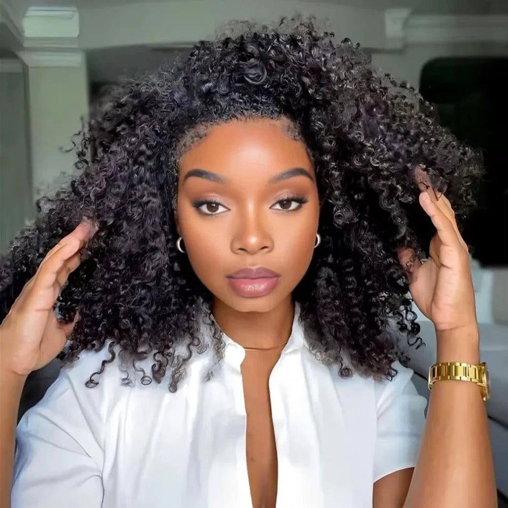 Glueless Human hair Wigs Kinky Curly Headband Wig Upgrade 3 IN 1 Half Wig With Drawstring Seamless Clip Ins Flip Over For Women