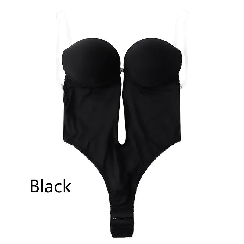 Women Shapers Underwear Backless Bodysuit Shapewear Deep V-Neck Body U Plunge Clear Strap Padded Push Up Corset