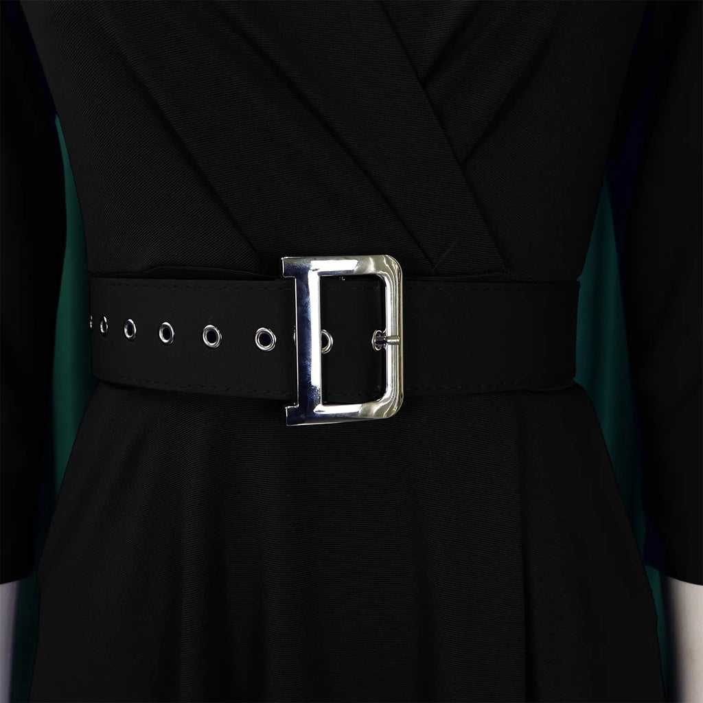 Fashion Office Dresses for Women Turn Down Collar V Neck Belt Waisted Pleated Mid Calf Elegant African Business Work Dress Cloth