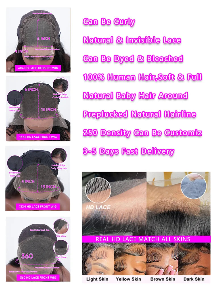 30 36 40 Inch 13x6 HD Transparent Bone Straight Human Hair Lace Frontal Wigs 250 Density 4x4 Closure Human Hair Wigs for Women
