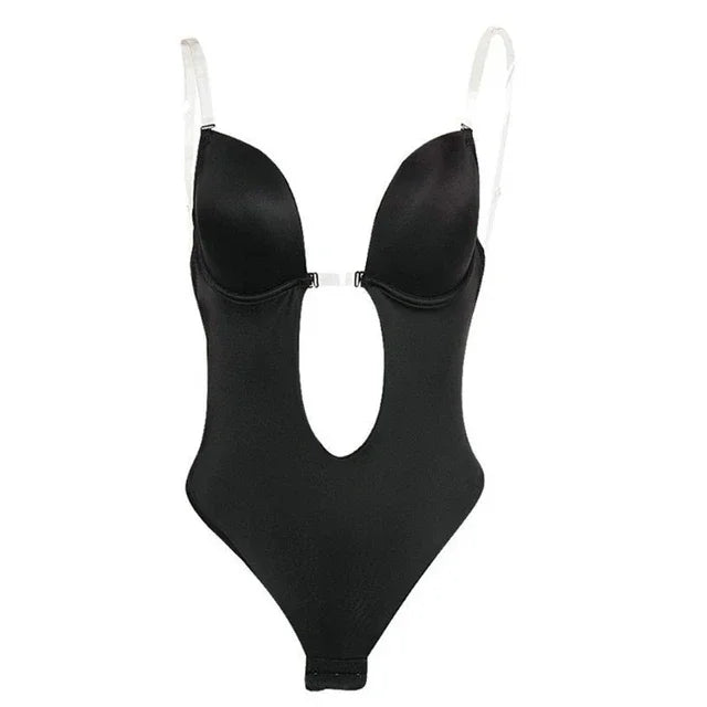 Invisible Shaper Bra Bodysuit Corset Backless Deep V-Neck U Plunge Thong Waist Trainer Clear Strap Padded Push Up Shapewear