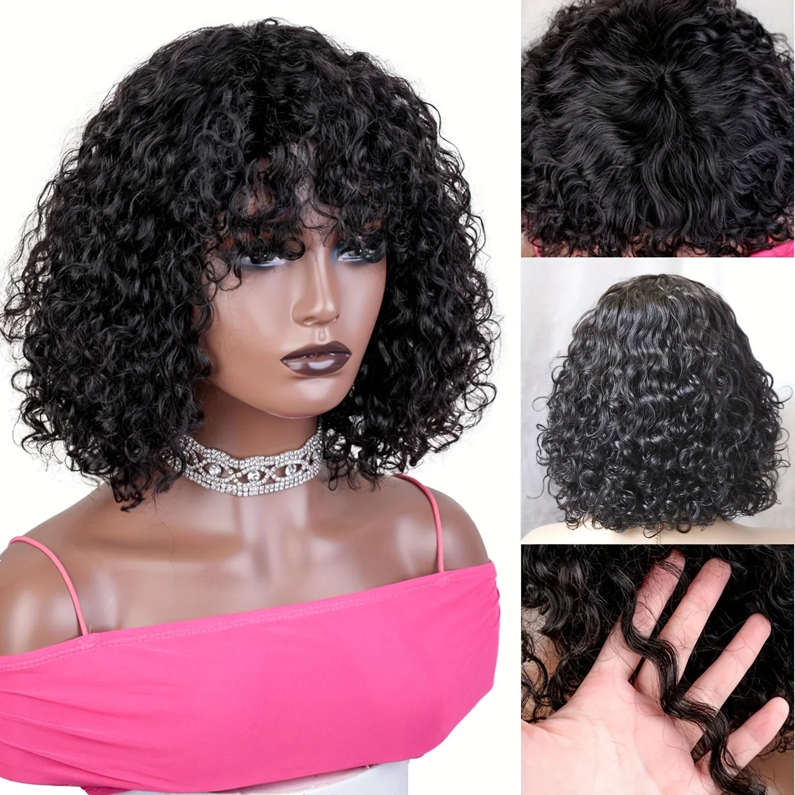 Brazilian Kinky Curly Wig Human Hair Wigs With Bangs Full Machine Made Wigs Cheap Remy Human Hair Culry Glueless Wig For Women